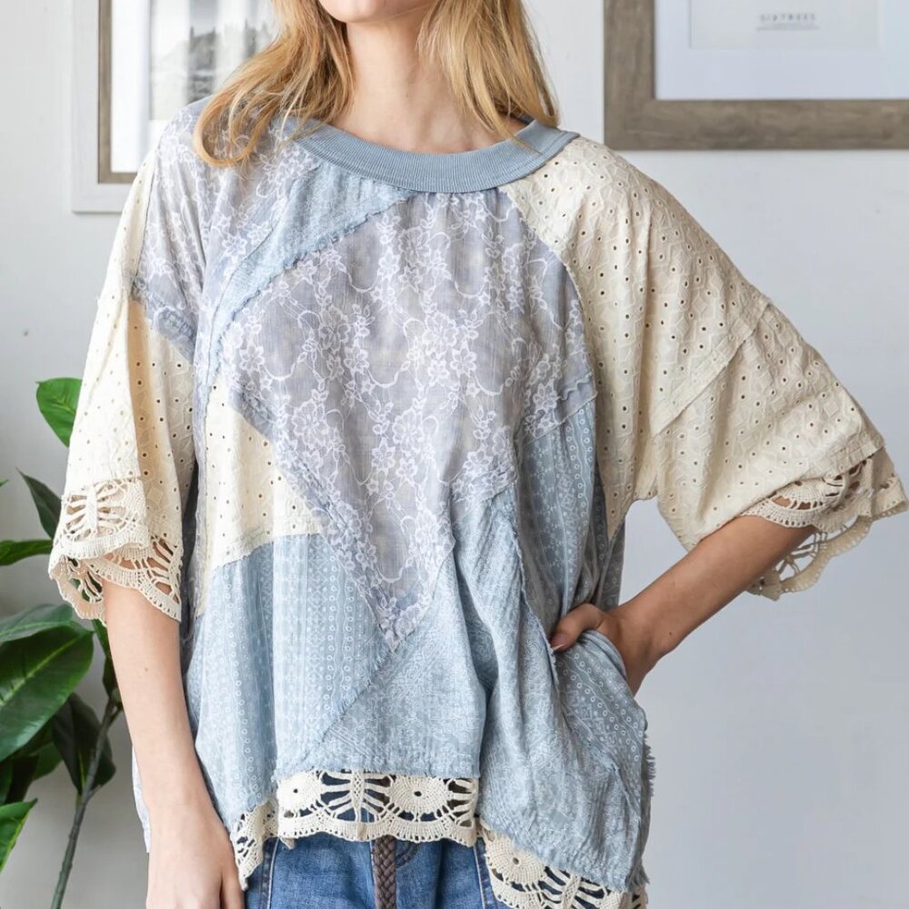 Oli & Hali Washed Mix Media Casual Top New Size Large - Picture 4 of 6